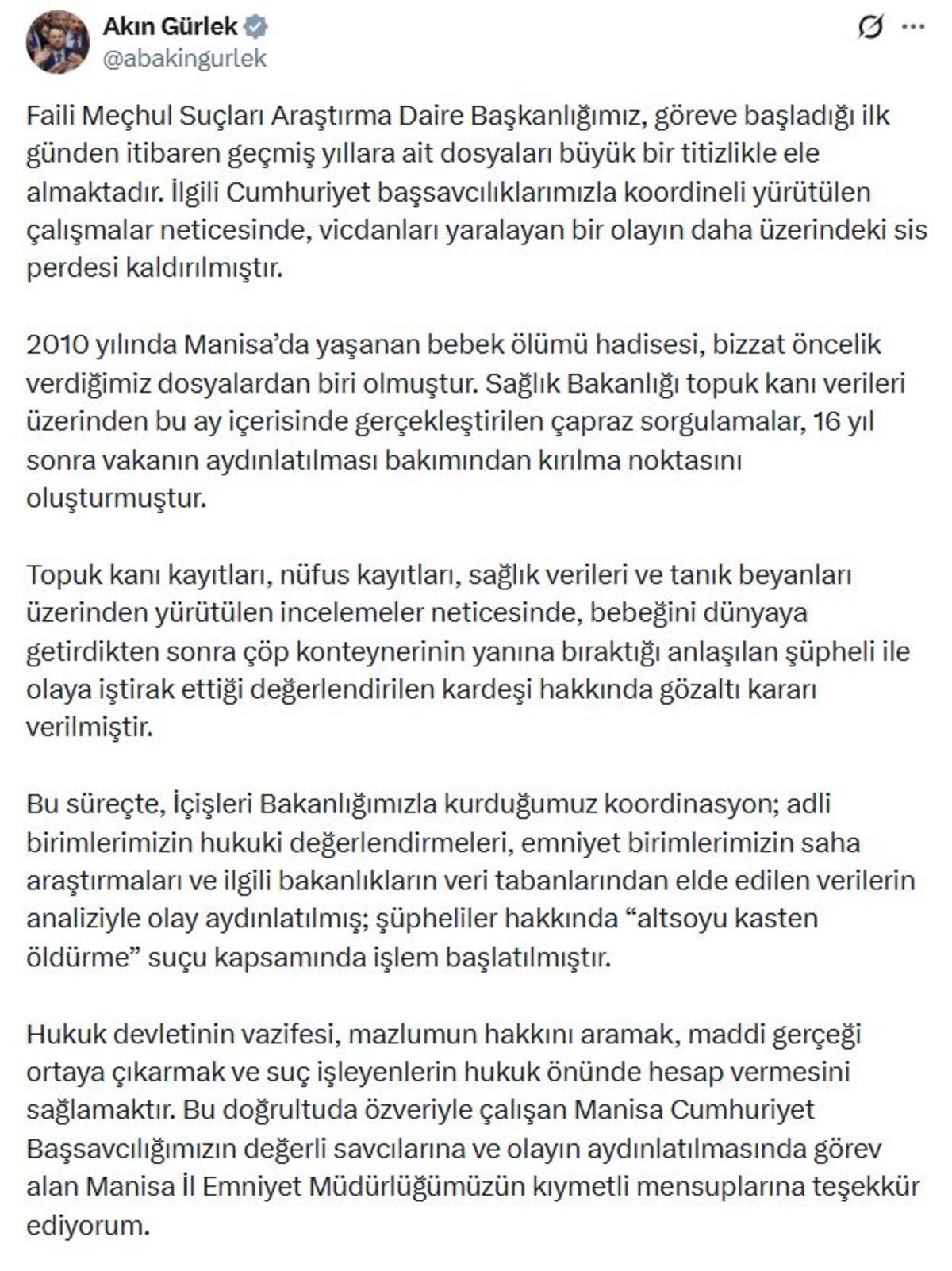 Bakan G&uuml;rlek duyurdu: Manisa daki bebek &ouml;l&uuml;m&uuml; 16 yıl sonra aydınlatıldı! 1