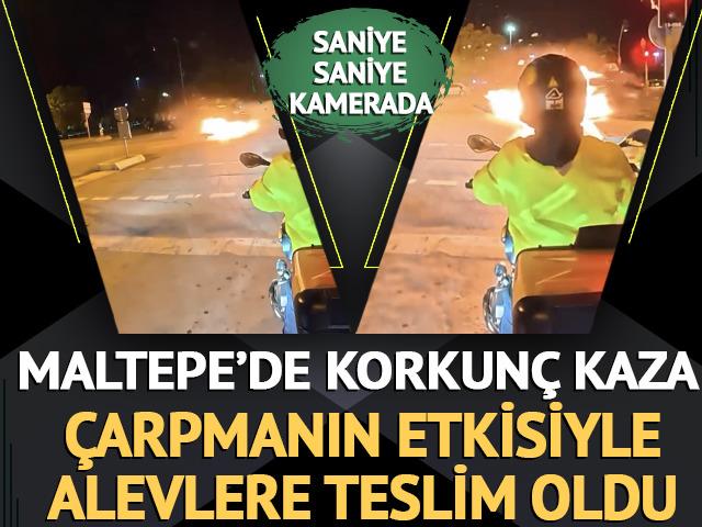 Maltepe'de feci kaza! &Ccedil;arpışma sonrası otomobile alev aldı