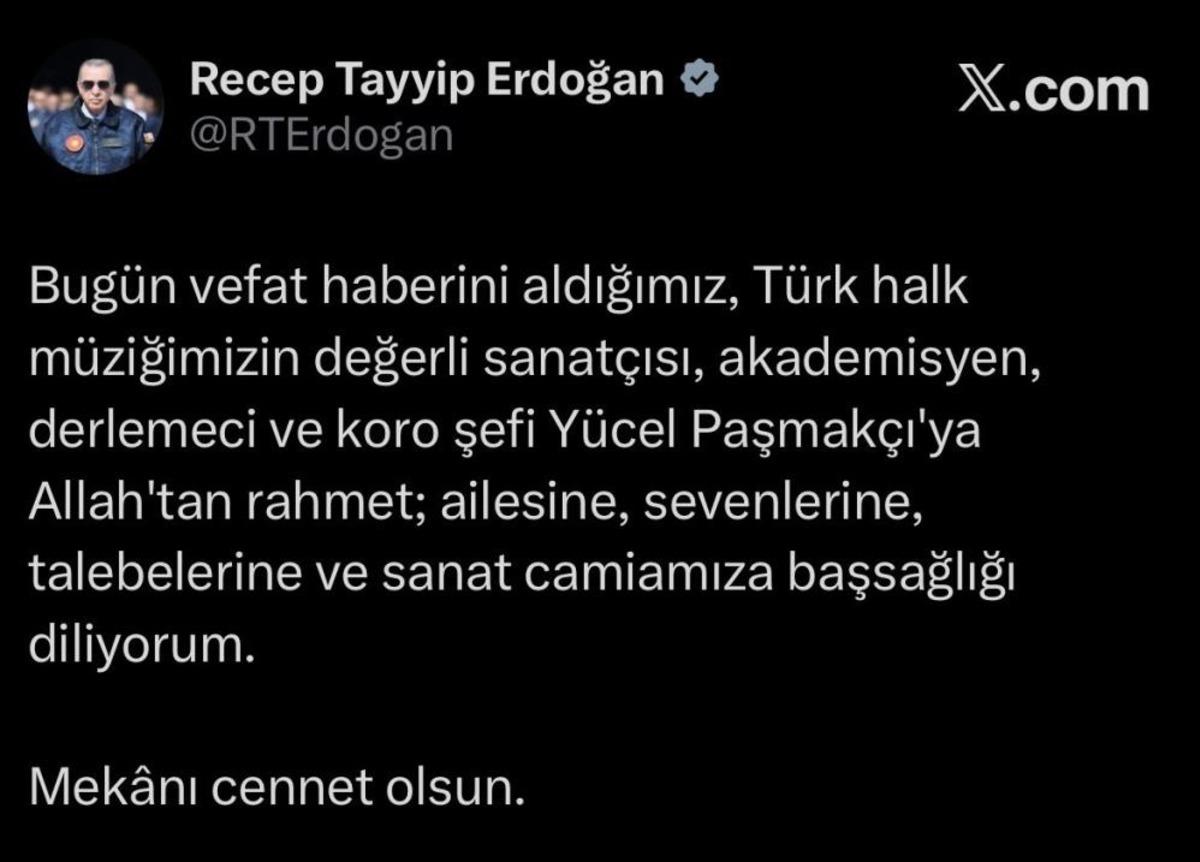 Cumhurbaşkanı Erdoğan’dan Yücel Paşmakçı için taziye mesajı 1