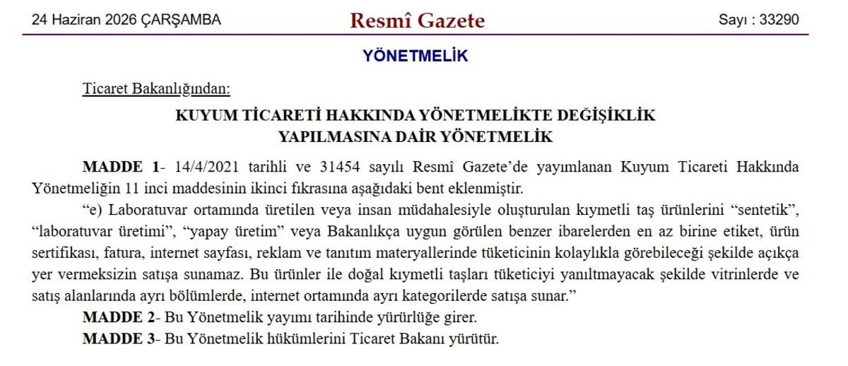 Pırlanta ve değerli taş satışında yeni düzenleme Resmi Gazete de 2