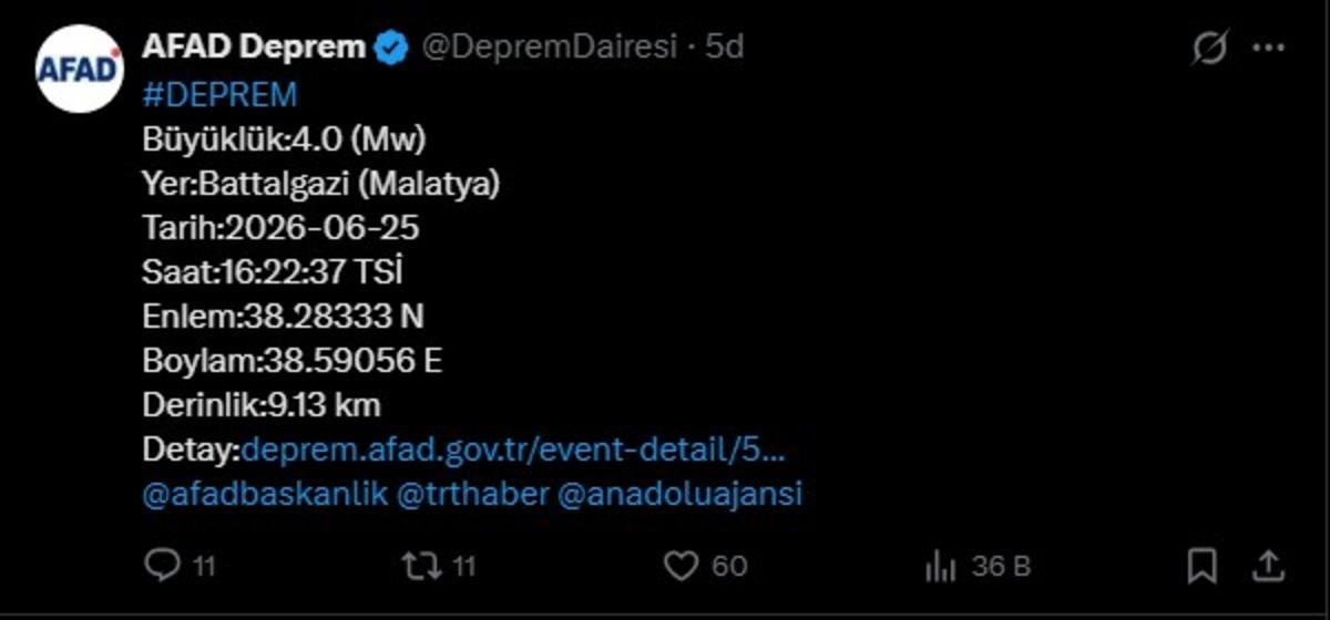 AFAD duyurdu! Malatya da 4 b&uuml;y&uuml;kl&uuml;ğ&uuml;nde deprem 1