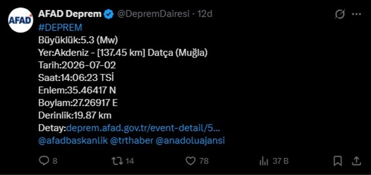 AFAD duyurdu! Dat&ccedil;a a&ccedil;ıklarında 5.3 b&uuml;y&uuml;kl&uuml;ğ&uuml;nde deprem 1
