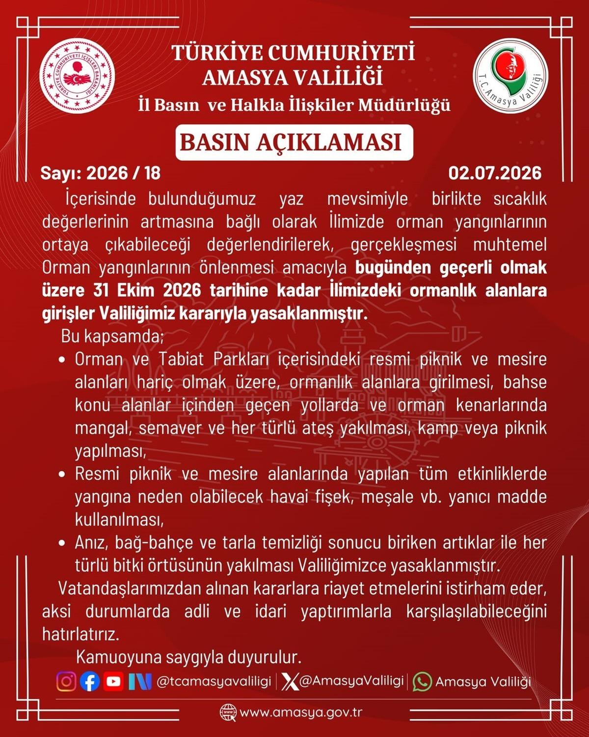 Amasya da ormanlık alanlara girişler yasaklandı 1