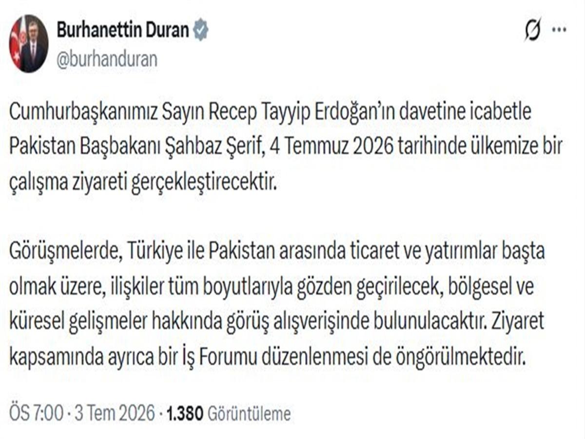 Pakistan Başbakanı Şerif Cumhurbaşkanı Erdoğan la görüşmek üzere Türkiye ye gelecek 3