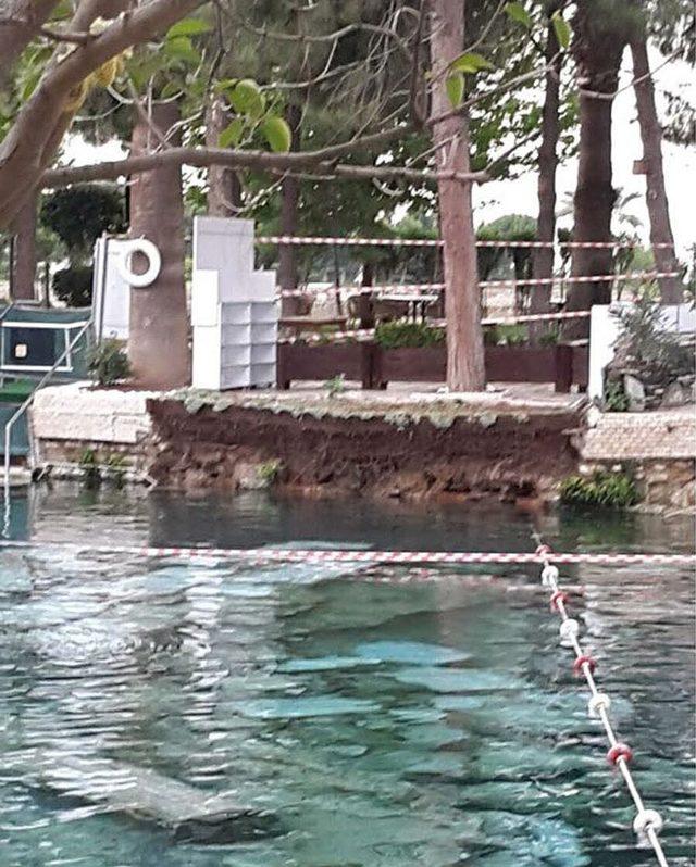 Pamukkale'de, antik havuzdaki beton duvar çöktü