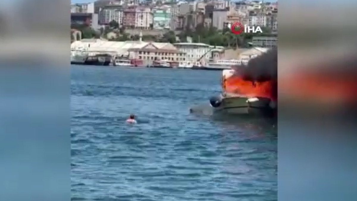İstanbul'da korku dolu anlar! Yanan tekneden atalyarak kurtuldular