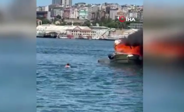 İstanbul'da korku dolu anlar! Yanan tekneden atalyarak kurtuldular