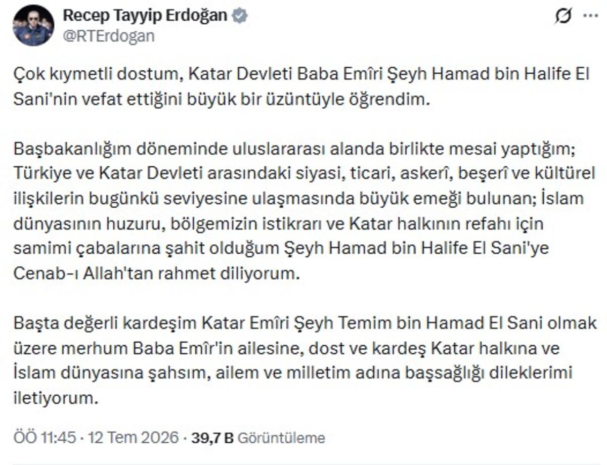 Cumhurbaşkanı Erdoğan dan Katar emiri için taziye mesajı! 1