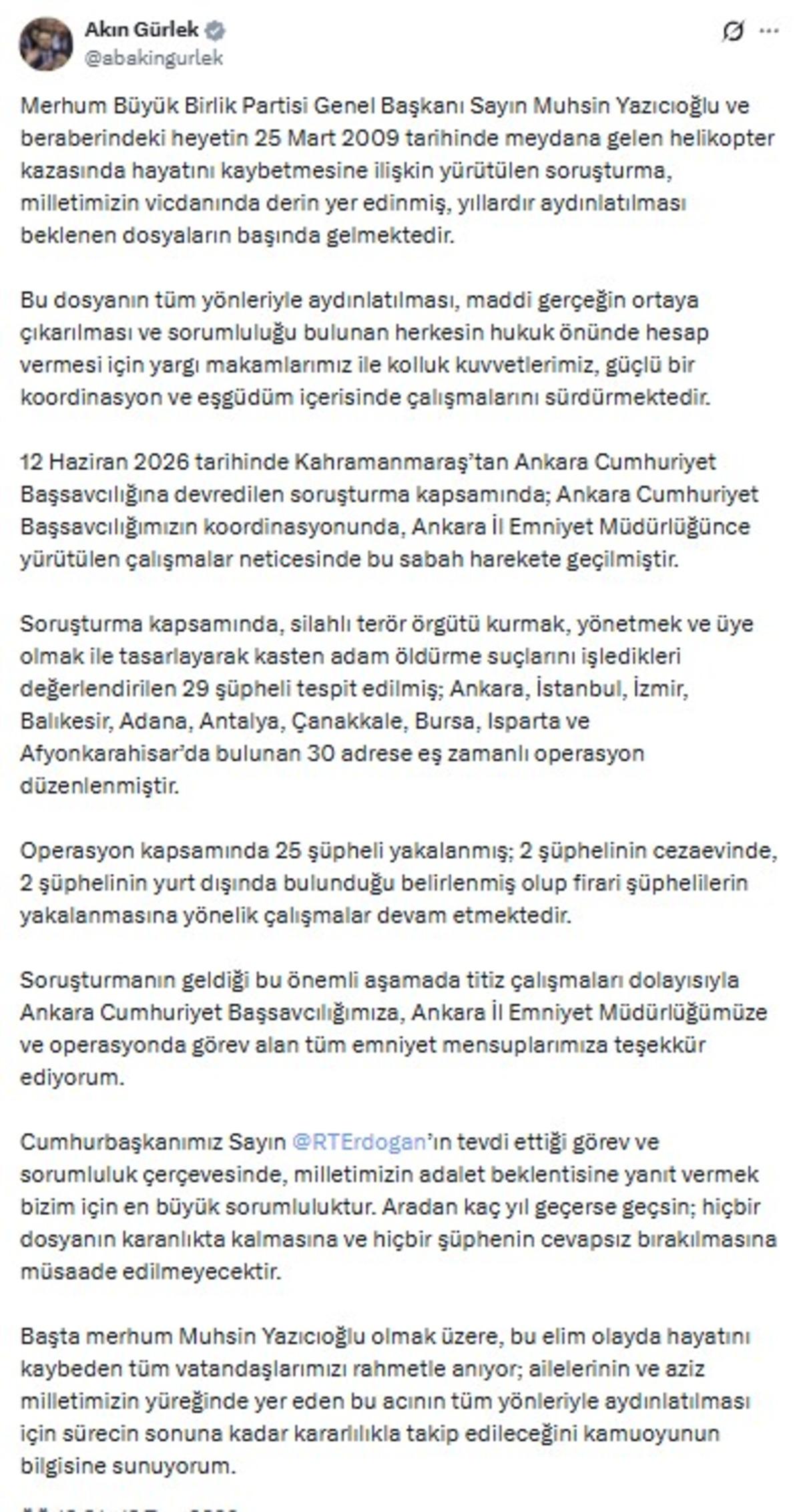 Bakan Gürlek ten Muhsin Yazıcıoğlu soruşturması açıklaması: 29 şüpheli tespit edildi 2
