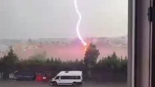 Tekirdağ’da palmiye ağacına yıldırım düştü, alev alev yandı