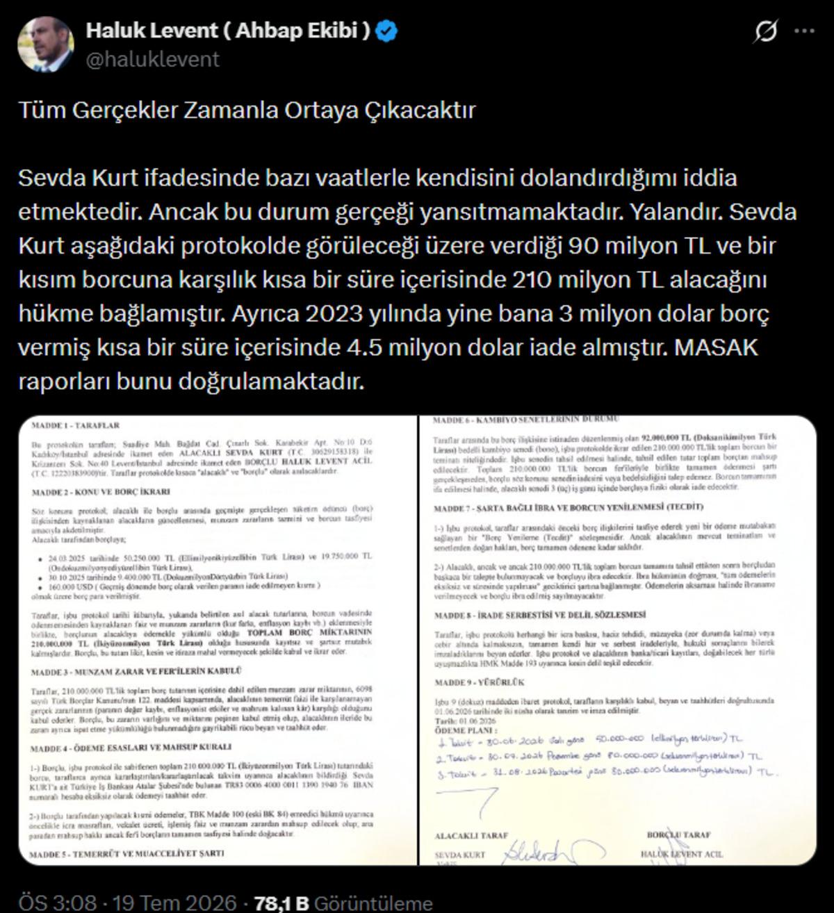 Haluk Levent’ten 90 milyon TL iddiasına belgeli yanıt: “Dolandırıcılık değil, borç ilişkisi” 3