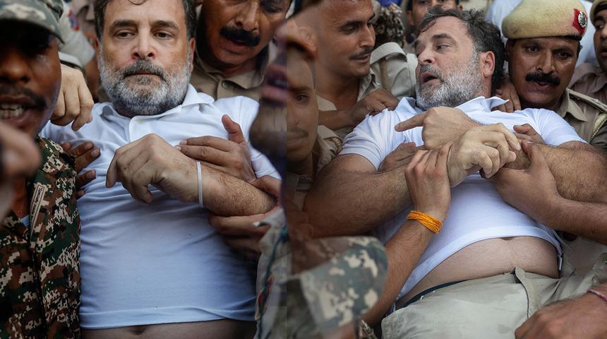 Muhalefet liderini yaka pa&ccedil;a g&ouml;t&uuml;rd&uuml;ler! Rahul Gandhi'yi polis b&ouml;yle g&ouml;zaltına aldı