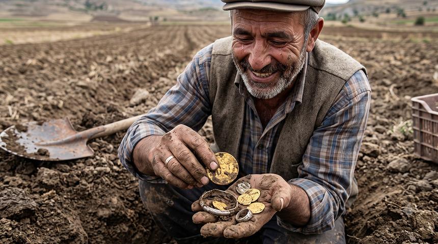 &Ccedil;eki&ccedil; ararken hazine buldu! Tarladan 15 bin par&ccedil;a altın ve g&uuml;m&uuml;ş &ccedil;ıktı