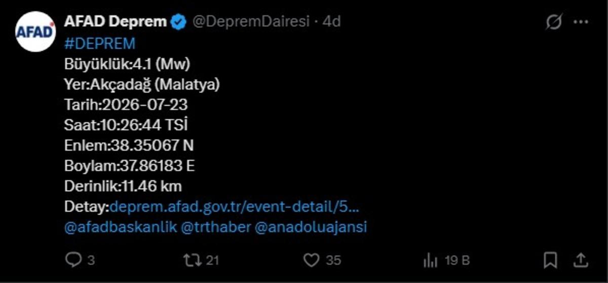 AFAD duyurdu! Malatya da 4.1 b&uuml;y&uuml;kl&uuml;ğ&uuml;nde deprem 1