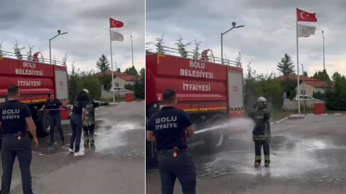 Bolu'da itfaiye stajının sonu sulu şakayla bitti
