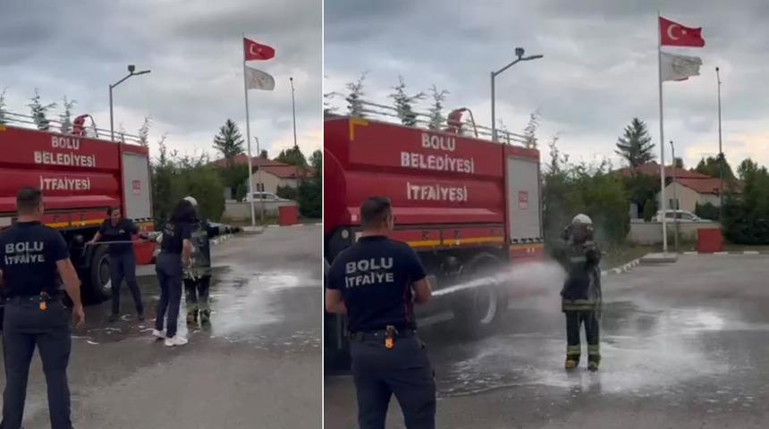 Bolu'da itfaiye stajının sonu sulu şakayla bitti