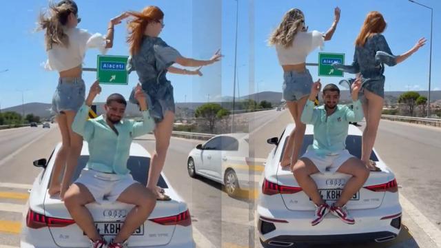 İzmir-Çeşme Otoyolu'nda şoke eden görüntüler! Araç üzerinde dans edip paylaştılar