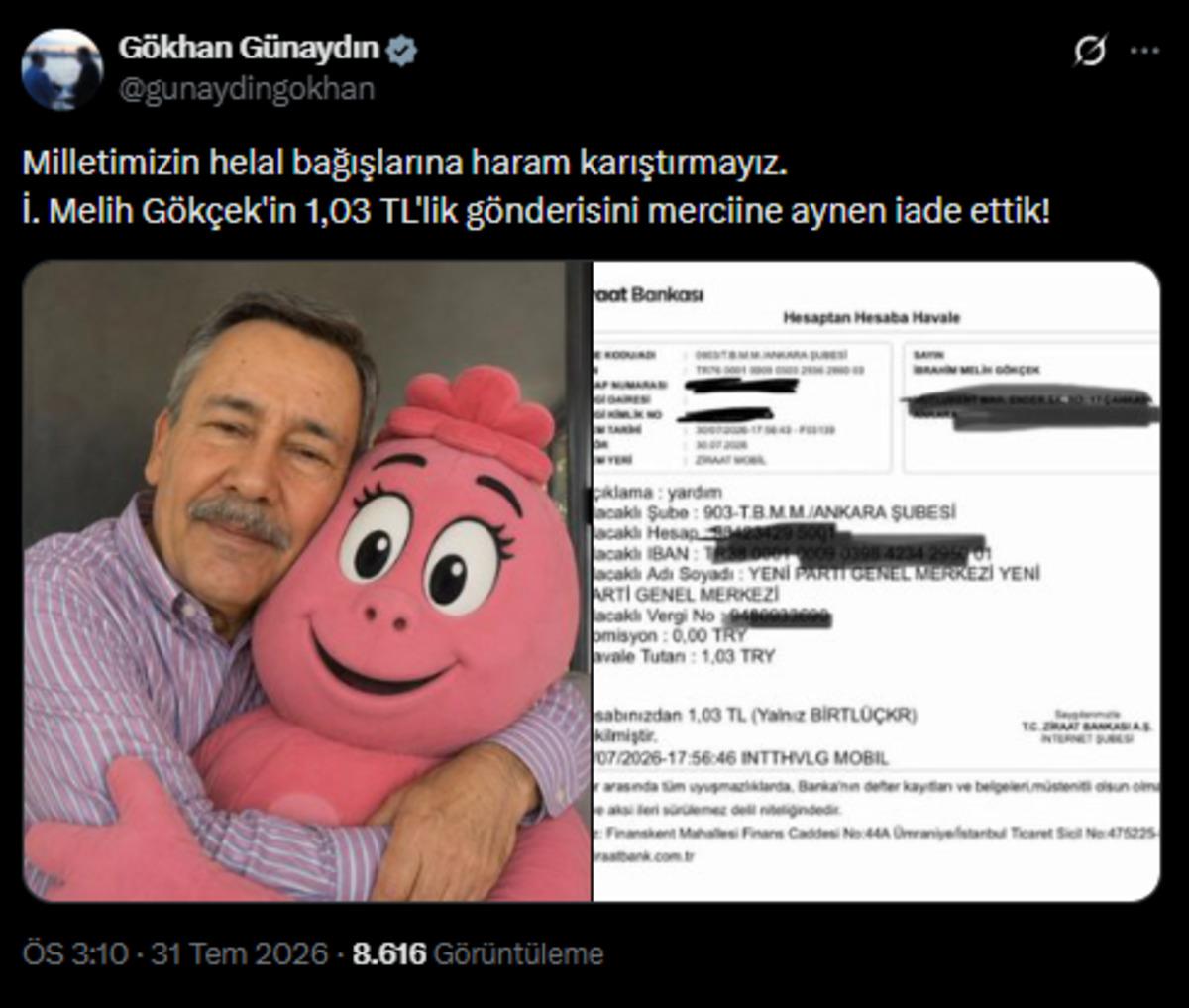 Yeni Parti ile Melih G&ouml;k&ccedil;ek arasında tuhaf olay: 1 lira 3 kuruş banka hesaplarını gezdi 2