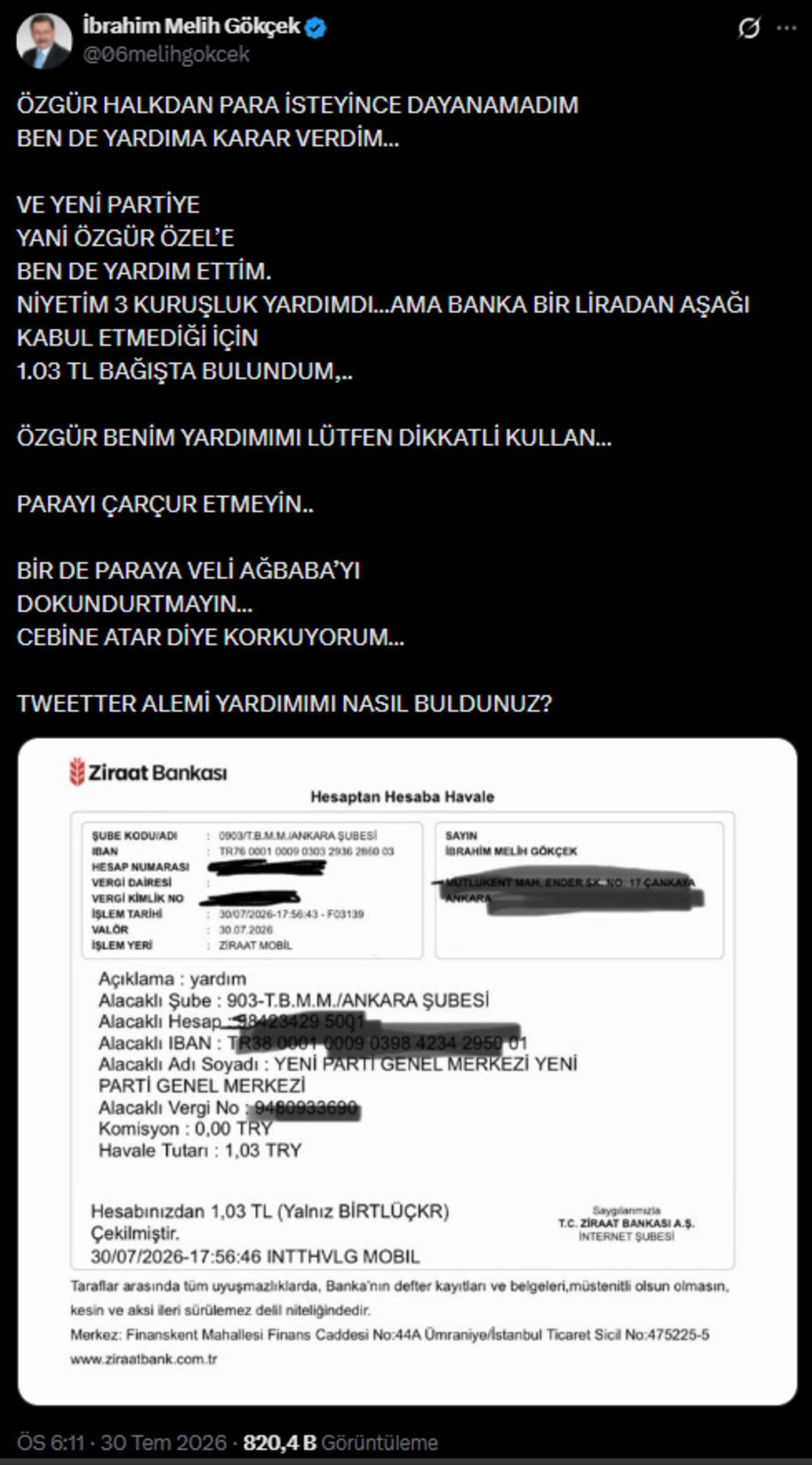 Yeni Parti ile Melih G&ouml;k&ccedil;ek arasında tuhaf olay: 1 lira 3 kuruş banka hesaplarını gezdi 1