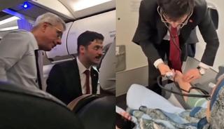 Bakan Memişoğlu, u&ccedil;akta rahatsızlanan yolcuya m&uuml;dahale etti