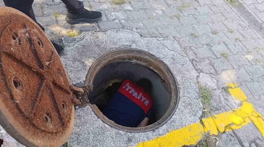 Kanalizasyon borusuna sıkışan yavru kedi kurtarıldı