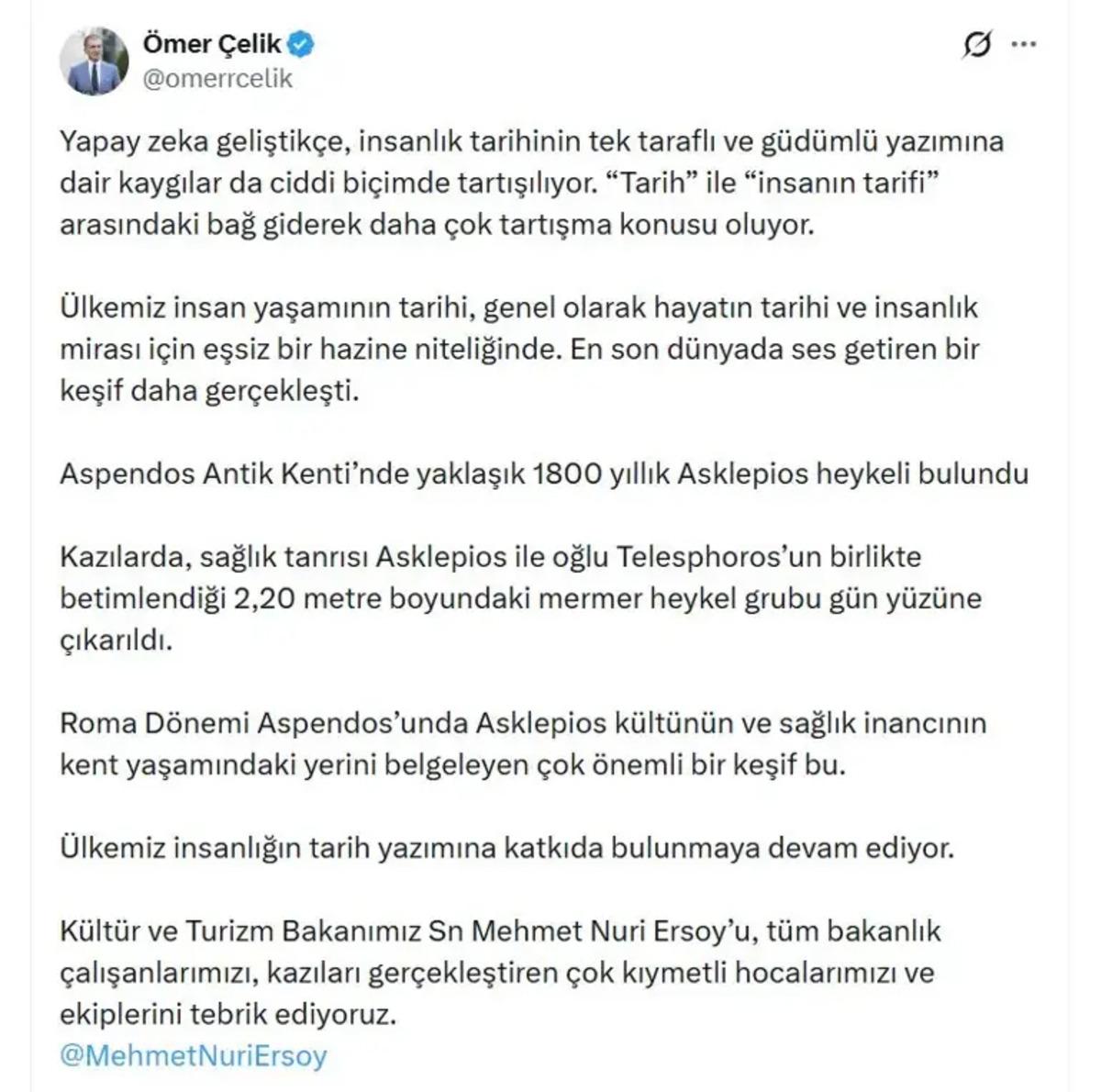 AK Parti li Çelik ten Aspendos ta bulunan Asklepios heykeline ilişkin paylaşım 1