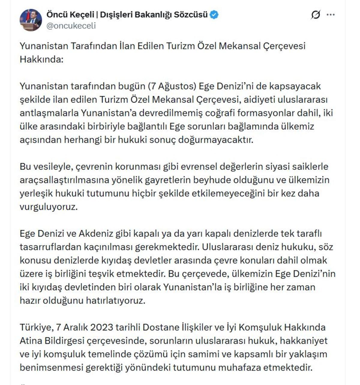 Dışişleri Sözcüsü Keçeli den Yunanistan ın Turizm Özel Mekansal Çerçevesi ne ilişkin açıklama 1
