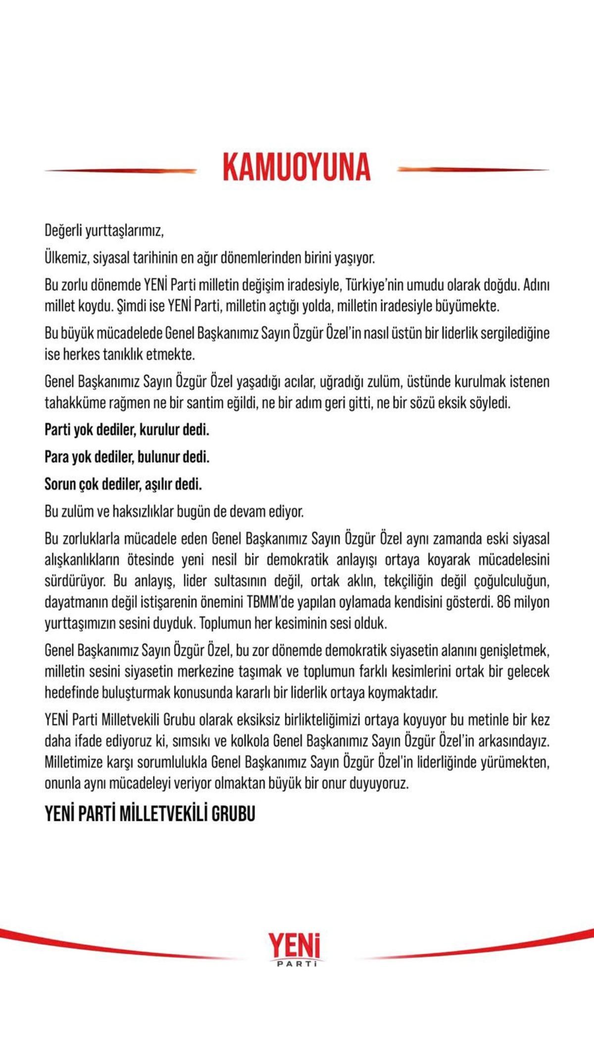 Yeni Parti milletvekillerinden ortak açıklama: "Partimiz birlik içinde, Özel’in yanındayız" 2