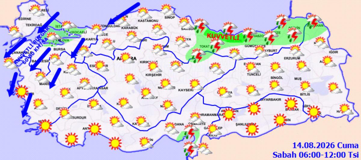 Meteoroloji den iki uyarı birden: Sıcaklık d&uuml;ş&uuml;yor, r&uuml;zgar 80 kilometreyi bulacak! (14 Ağustos hava durumu) 3