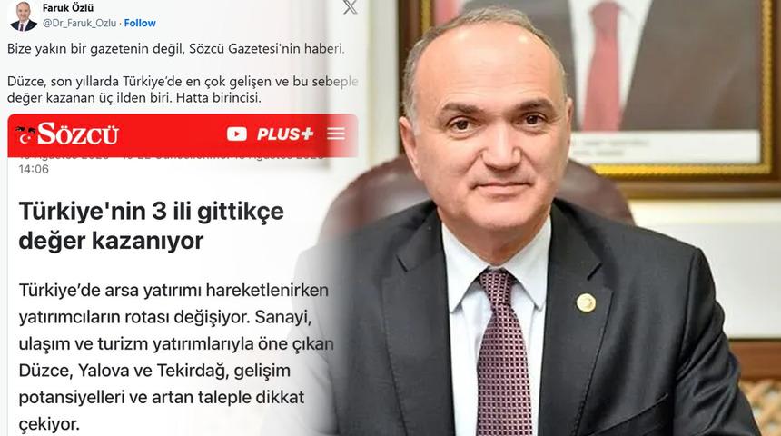 S&ouml;zc&uuml;'n&uuml;n haberini paylaştı! Faruk &Ouml;zl&uuml;: "D&uuml;zce 3 ilden birincisi"
