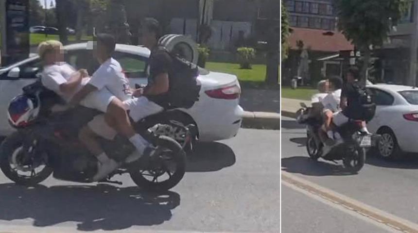 Motosiklete ters oturarak yaptıkları kasksız yolculuk 'pes' dedirtti