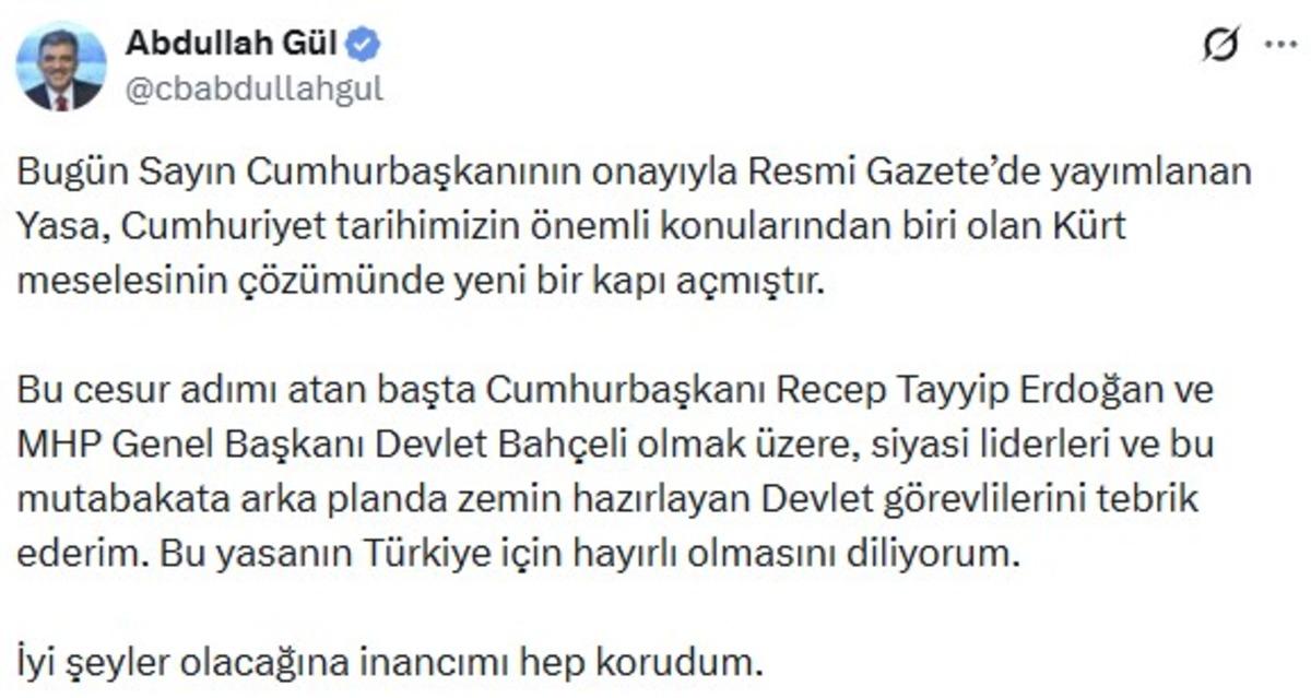 Abdullah G&uuml;l sessizliğini bozdu! Erdoğan ve Bah&ccedil;eli ye tebrik 2