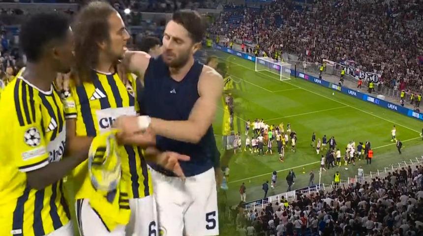 Fenerbah&ccedil;e Lyon'u eledi, ma&ccedil; sonu ortalık karıştı! Lyonlu oyuncular ve tarfatarlar Matteo Guendouzi'ye saldırdı