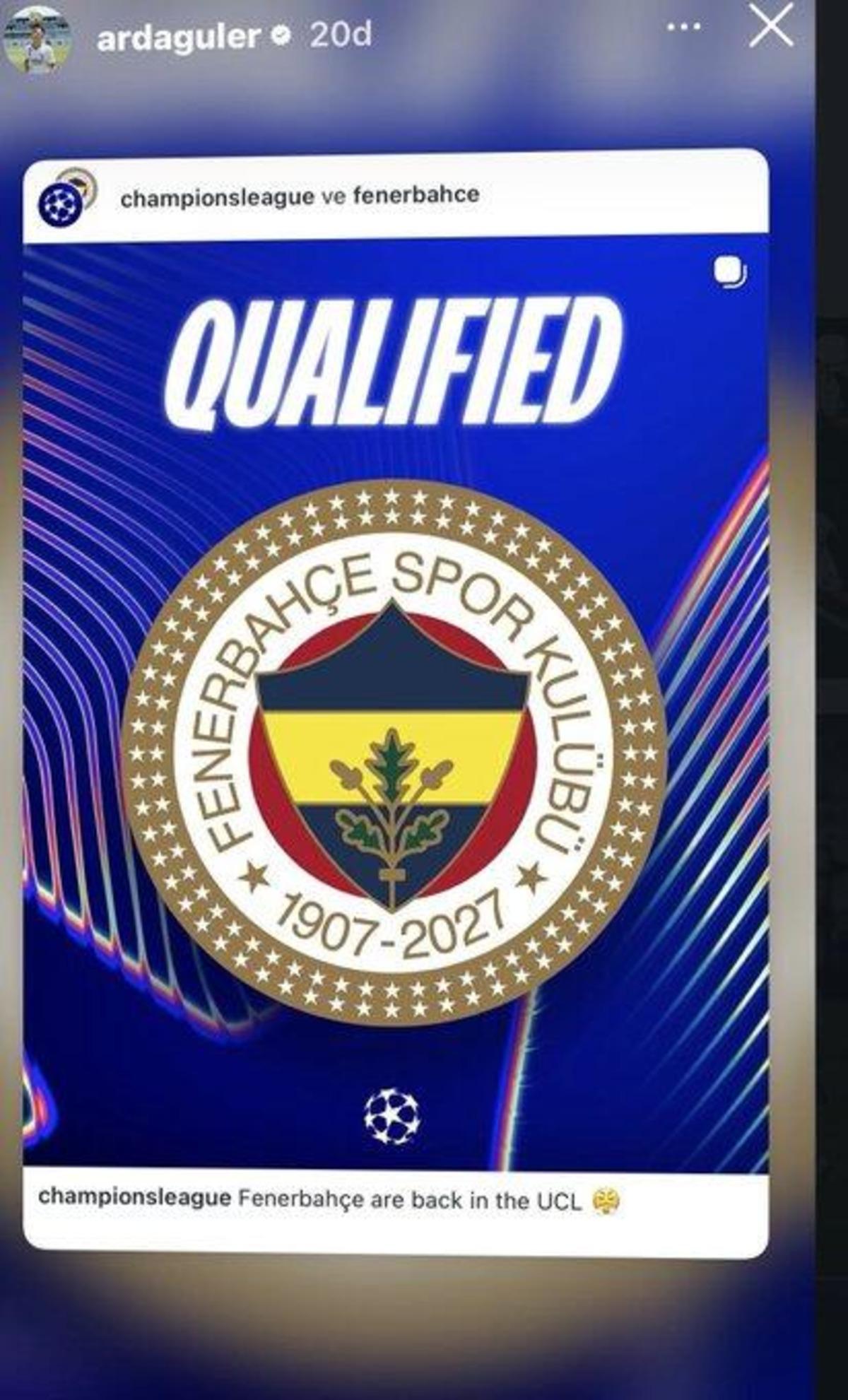 Tarihi başarıya kayıtsız kalmadı! Arda G&uuml;ler den Fenerbah&ccedil;e paylaşımı 2