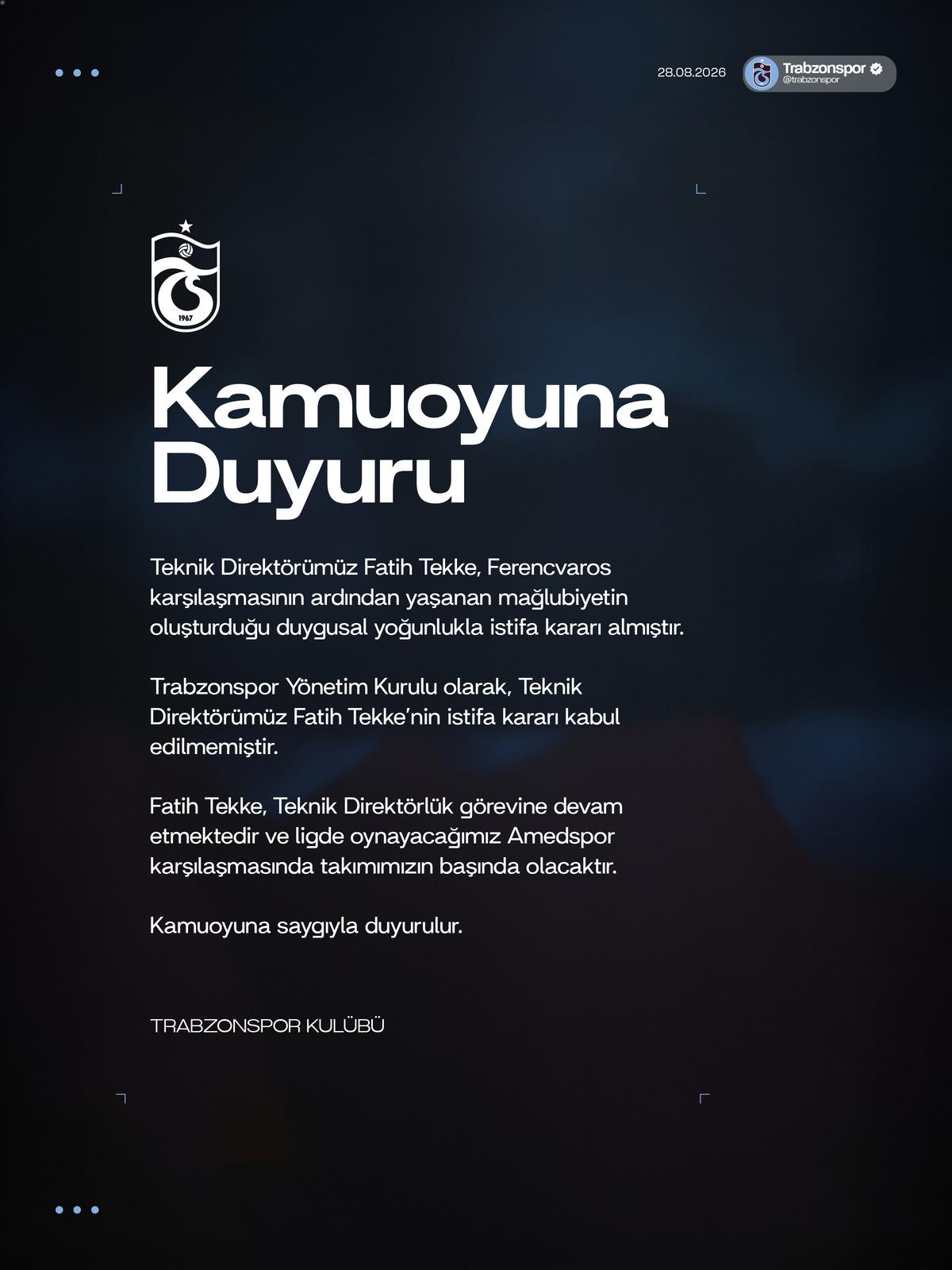 Fatih Tekke nin istifasına Trabzonspor dan yanıt! "Kabul edilmemiştir" 3