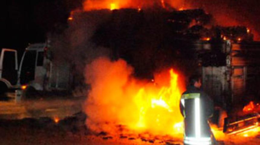 Meyve y&uuml;kl&uuml; kamyon cayır cayır yandı