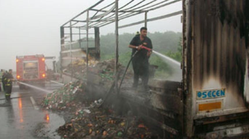 Otoyolda cips y&uuml;kl&uuml; TIR yandı