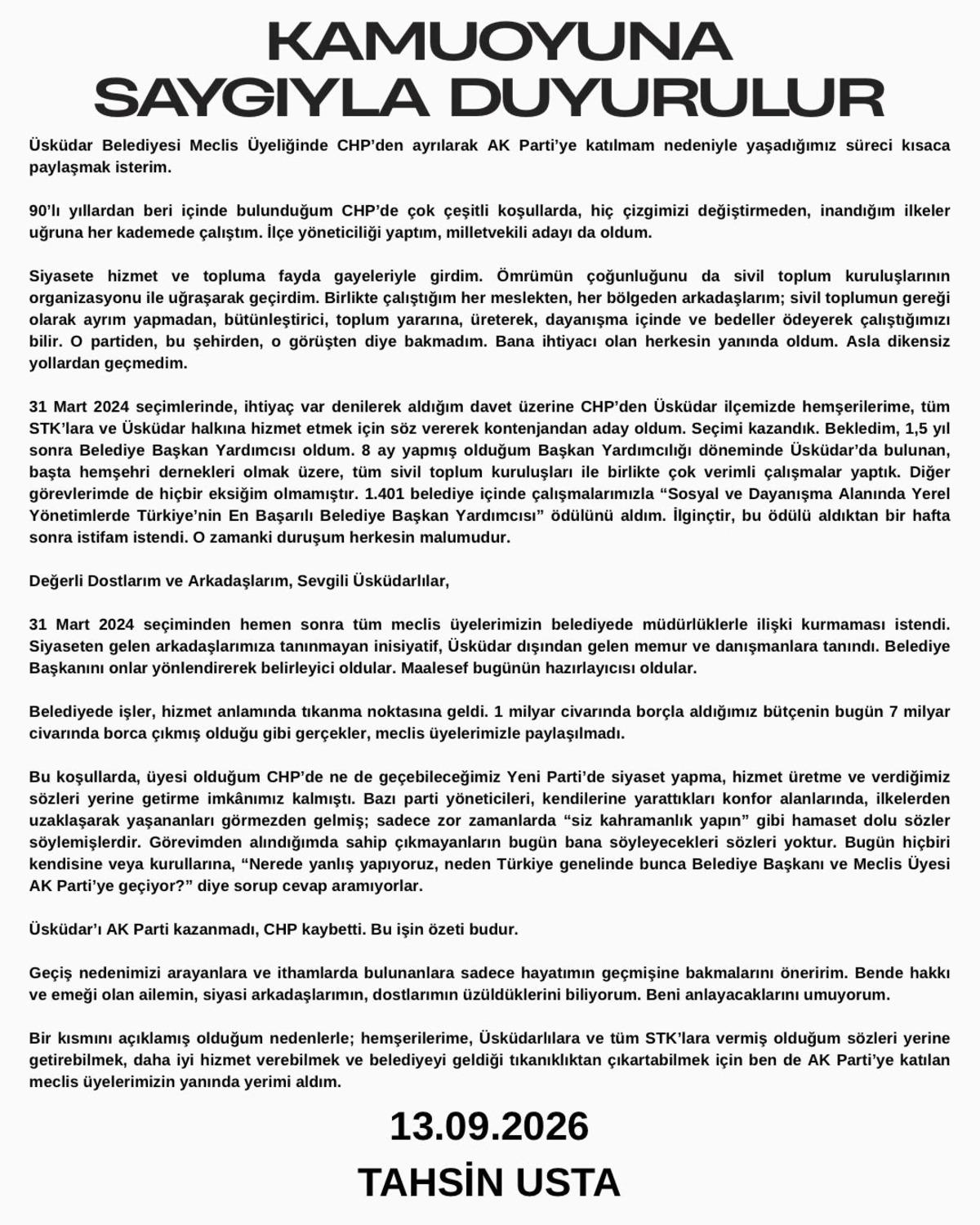 AK Parti ye ge&ccedil;en Tahsin Usta dan a&ccedil;ıklama 1