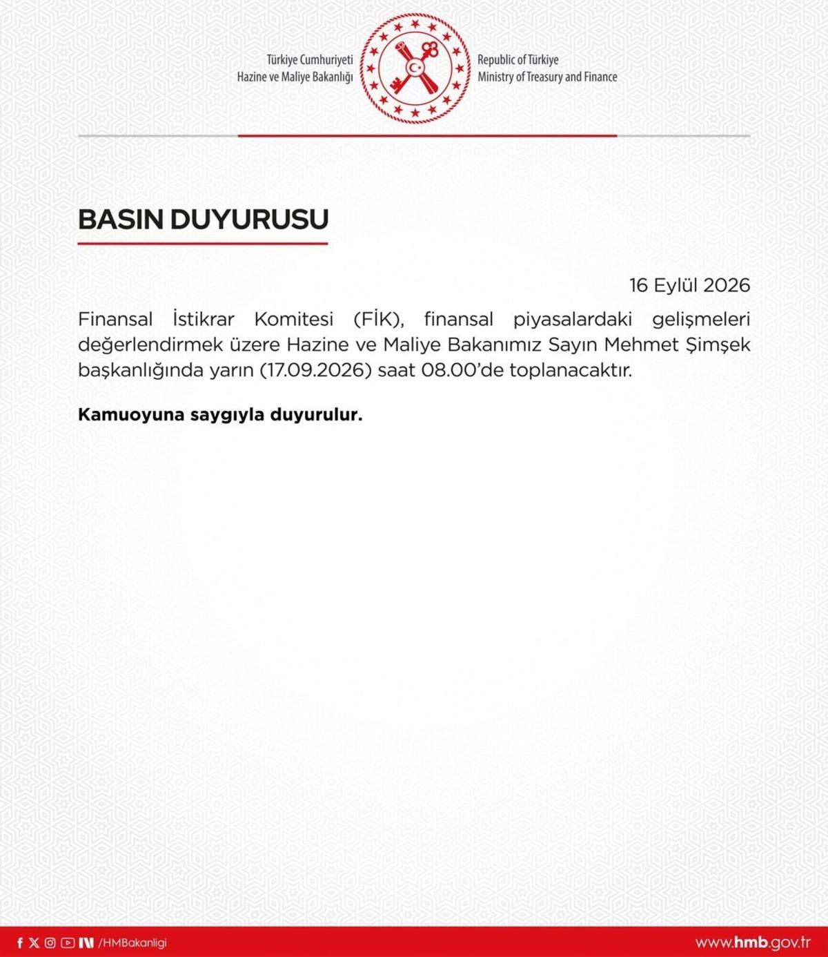 Bakan Şimşek, Finansal İstikrar Komitesi başkanlığında yarın sabah i&ccedil;in toplantı kararı aldı 2