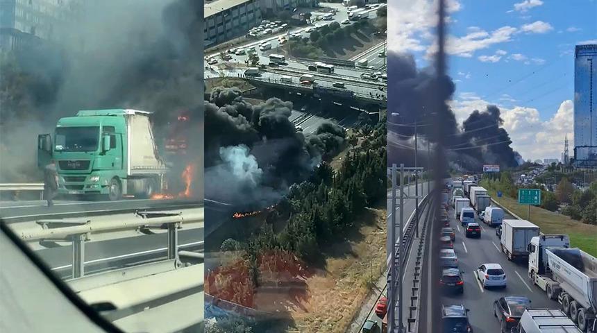 Son dakika | TEM Otoyolu'nda kapkara dumanlar y&uuml;kseliyor: TIR'da yangın &ccedil;ıktı! Edirne istikameti trafiğe kapandı