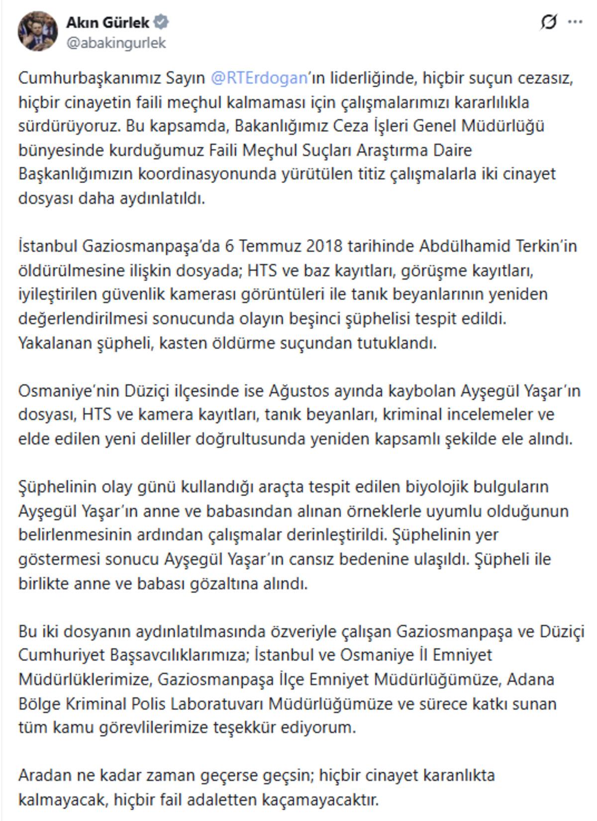 Bakan G&uuml;rlek duyurdu! İki cinayet dosyası aydınlatıldı 1