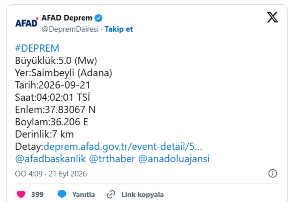 Adana Saimbeyli de sabaha karşı 5 büyüklüğünde deprem! 1