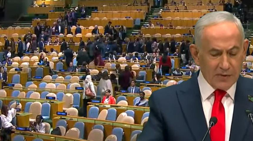 BM Genel Kurulu'nda konuşma yapan İsrail Başbakanı Netanyahu'ya şok tepki: Salonu terk ettiler