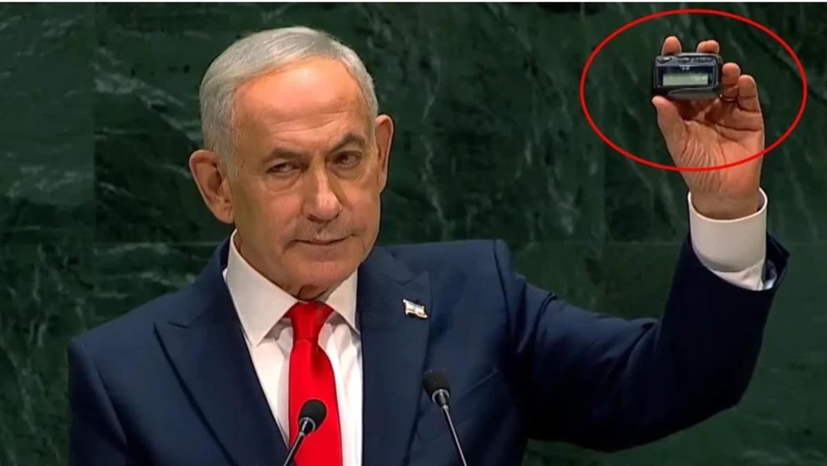 Netanyahu BM k&uuml;rs&uuml;s&uuml;nde &ccedil;ağrı cihazı g&ouml;stererek t&uuml;m d&uuml;nyayı tehdit etti 2