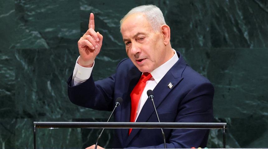 Netanyahu BM k&uuml;rs&uuml;s&uuml;nde &ccedil;ağrı cihazı g&ouml;stererek t&uuml;m d&uuml;nyayı tehdit etti