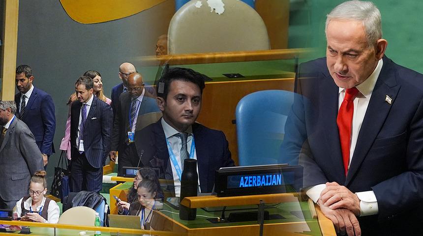 Netanyahu'yu dinleyenlere Azerbaycan da katıldı! BM Genel Kurulu'nda tarihi anlar: İran'ın protestosunda 'Kasım S&uuml;leymani' detayı