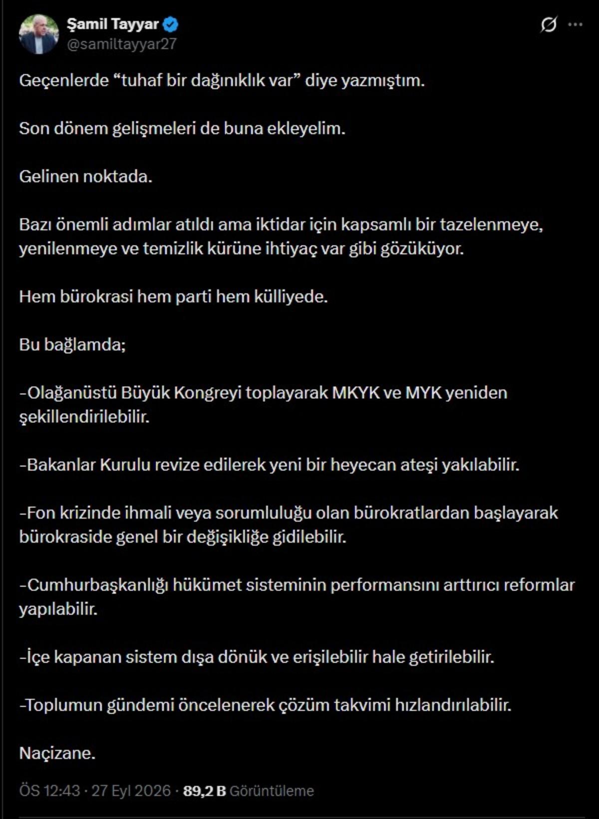 Şamil Tayyar dan &ccedil;ok konuşulacak &ccedil;ıkış! Olağan&uuml;st&uuml; kongre ve bakanlar kurulunda revize &ouml;nerisi geldi 2