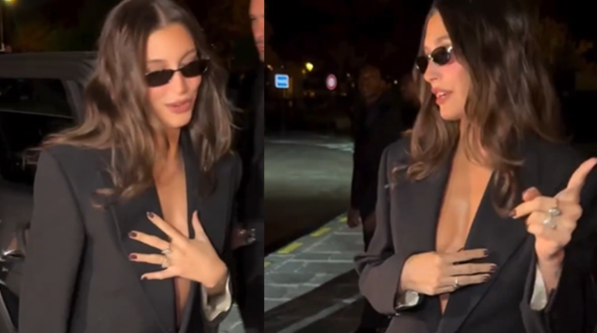 Hailey Bieber, dekoltesiyle zor anlar yaşadı! Sık sık kapadı