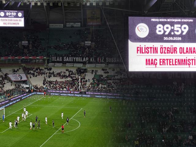 Konyaspor-Filistin ma&ccedil;ında dikkat &ccedil;eken an! Ma&ccedil; 89.59'da bitirildi