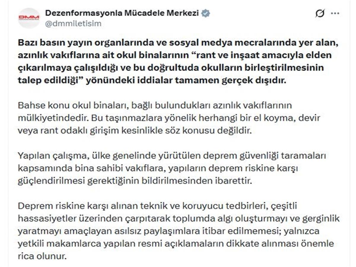DMM den azınlık vakıflarına ait okul binaları ile ilgili iddialara a&ccedil;ıklama 2